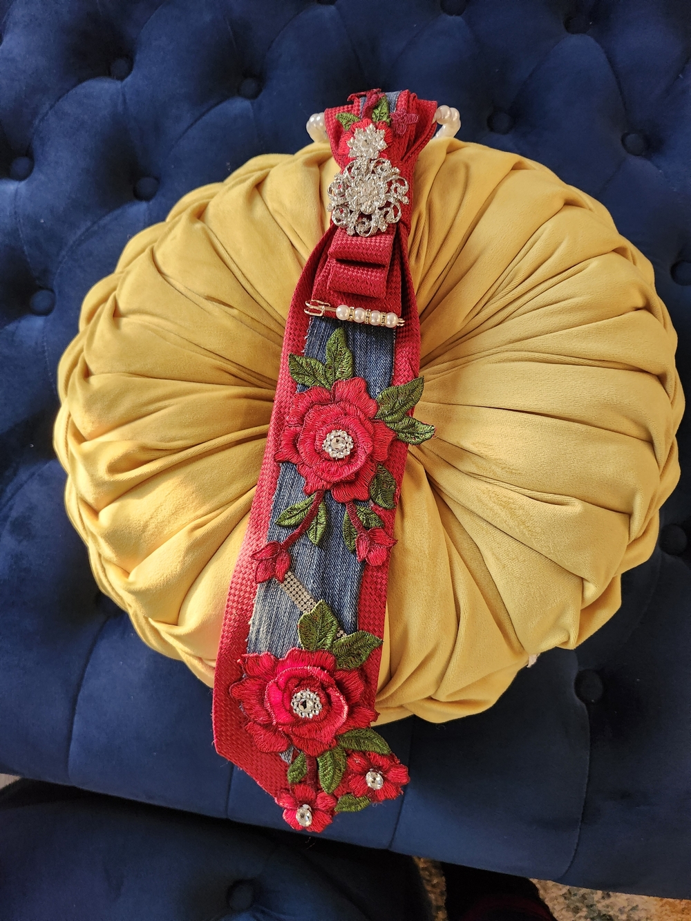 Red Floral Embroidered Tie with Denim, Rhinestone  Accents & Pearl Chain